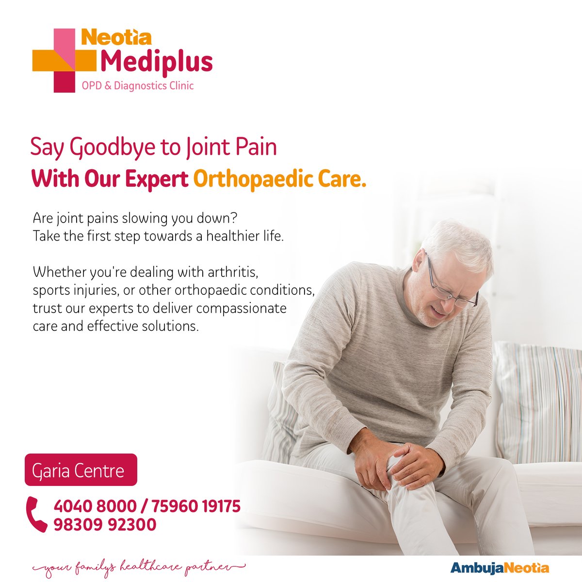 Joint pain slowing you down? Over 10 million Indians suffer from arthritis. Don't ignore the signs – swelling, stiffness, persistent pain.Our specialists at Neotia Mediplus are here to help. Book your appointment today! #OrthopaedicCare #JointHealth #NeotiaMediplus  #AmbujaNeotia