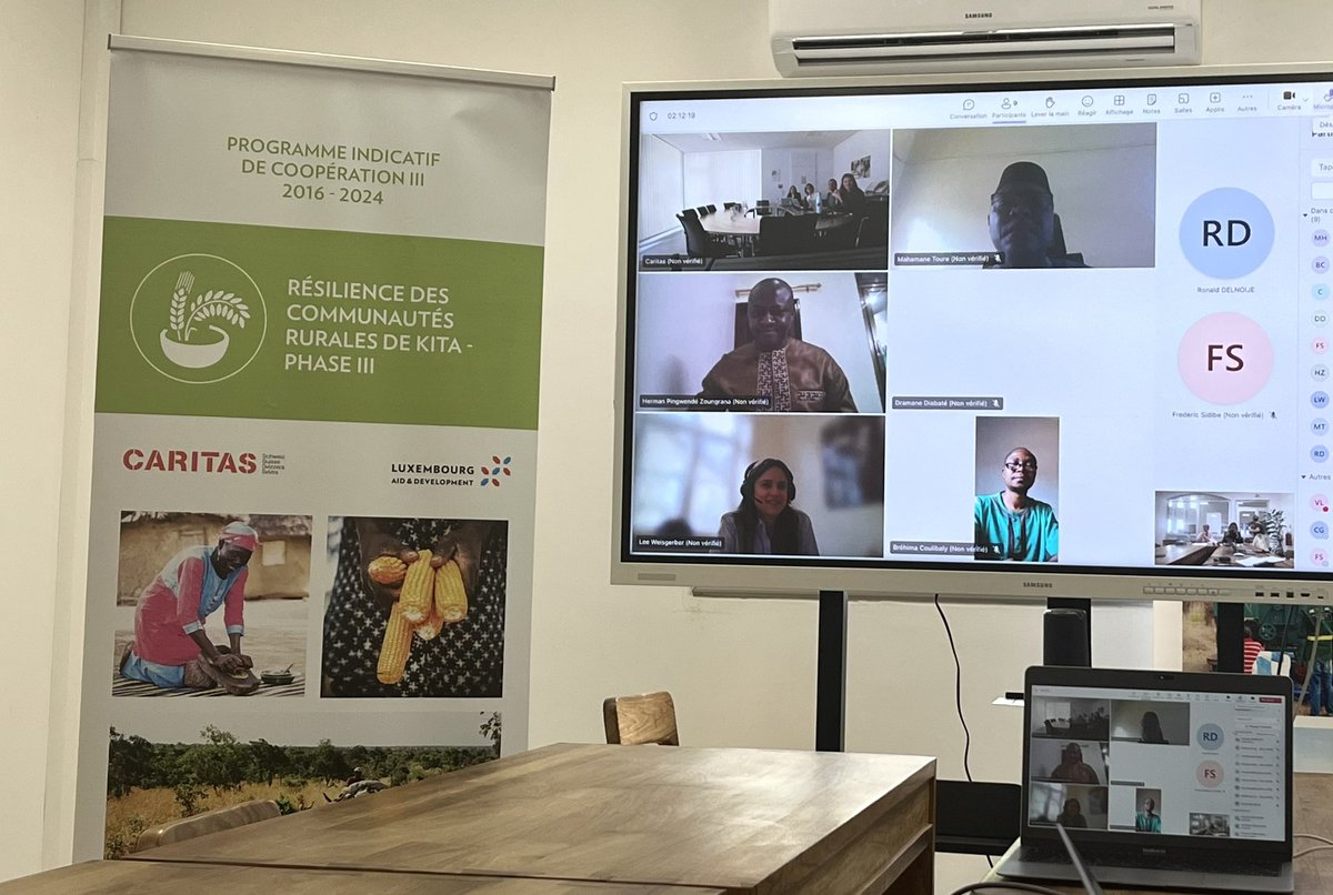 Comité de pilotage hybride du projet « Renforcer la résilience des communautés rurales du Cercle de Kita et leur accès au système de marché - Phase III » de la <a href="/cooperation_lu/">Luxembourg Aid & Development</a> mis en œuvre par <a href="/LuxDev_HQ/">LuxDev</a> <a href="/CaritasLux/">Caritas Luxembourg</a> <a href="/CaritasSwiss/">Caritas Switzerland</a> avec les collègues basés au 🇲🇱, au 🇱🇺 et en🇨🇭