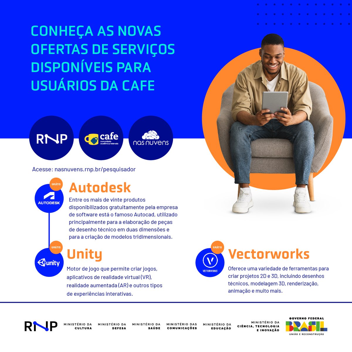 📷 A partir de agora, você que é pesquisador(a) tem à disposição softwares consagrados do mercado para potencializar sua rotina de atividades utilizando sua autenticação via CAFe.

E a maioria das ofertas é gratuita!

Saiba como usufruir no NasNuvens: nasnuvens.rnp.br/pesquisador