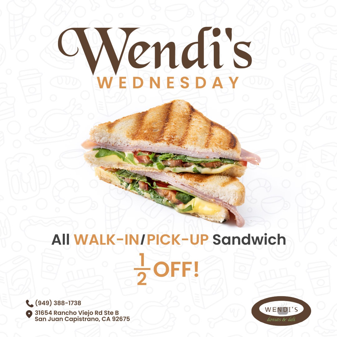 Craving a midweek treat? 🥪✨ Bite into our delectable Pick-Up Sandwich with a special Wednesday offer: Get 50% off when you walk in this #WendisWednesday! . . 📍Find us at 31654 Rancho Viejo Rd Ste B, San Juan Capistrano, CA 📞(949) 388-1738 . . #HalfPrice #Sandwich #Foodie