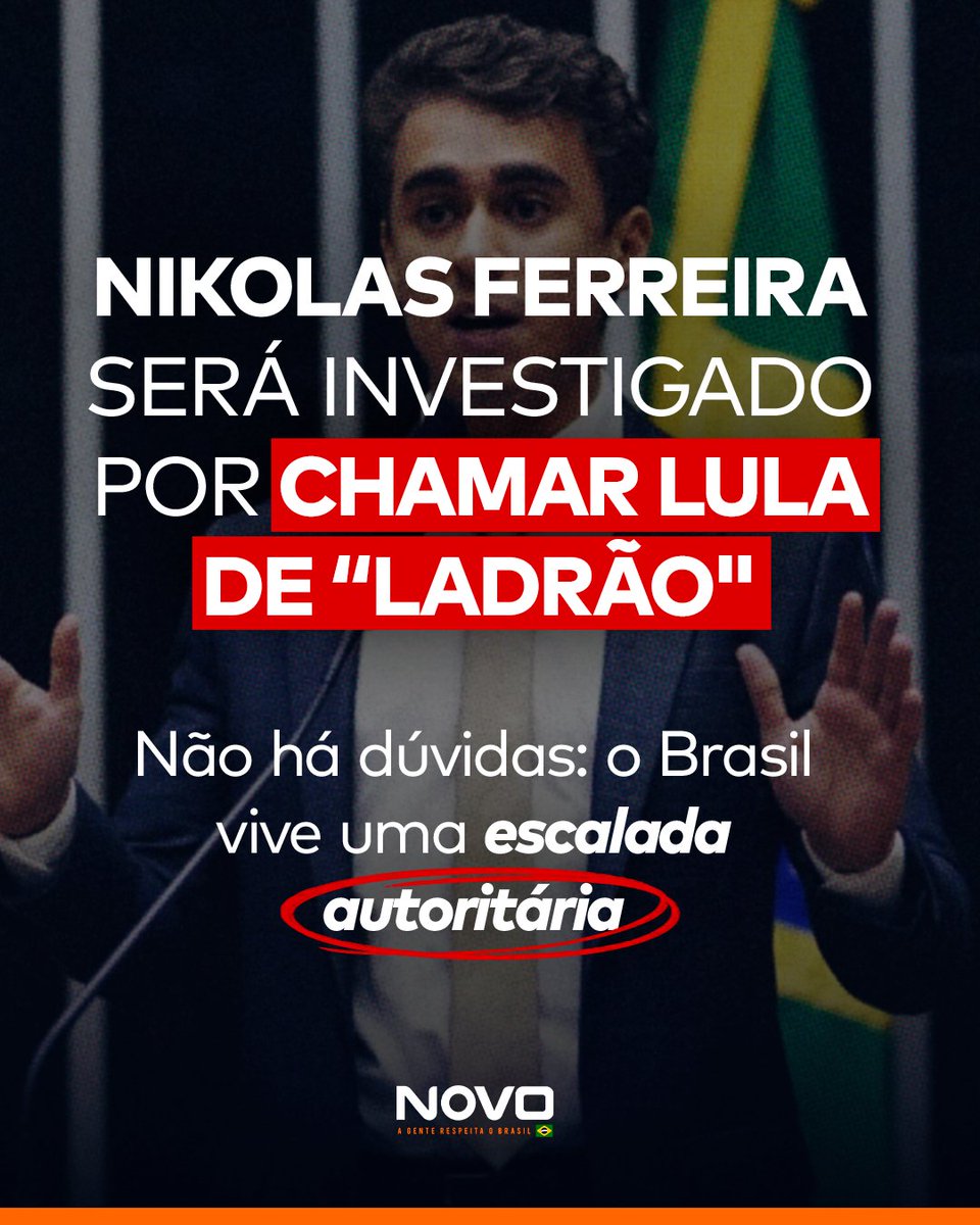 partidonovo30's tweet photo. O deputado @nikolas_dm estar sendo alvo de um inquérito no STF por chamar o Lula de ‘ladrão’ é a prova de que o Brasil vive uma escalada autoritária.

Primeira coisa: por que um inquérito foi aberto pelo STF? Tudo está público e gravado. Se Lula se sentiu ofendido, ele que processe.

Segundo: se mesmo sendo condenado em 3 instâncias, Lula não pode ser chamado de ‘ladrão’, em tom de denúncia, por um deputado em agenda oficial porque teve suas condenações anuladas, por que nada parecido acontecia com os deputados que chamavam Bolsonaro de genocida e assassino? Não havia condenação alguma.

Se um deputado, que goza de imunidade parlamentar, não pode fazer xingamentos genéricos às autoridades, o que será do cidadão comum?

Estamos caminhando a passos largos para uma ditadura.