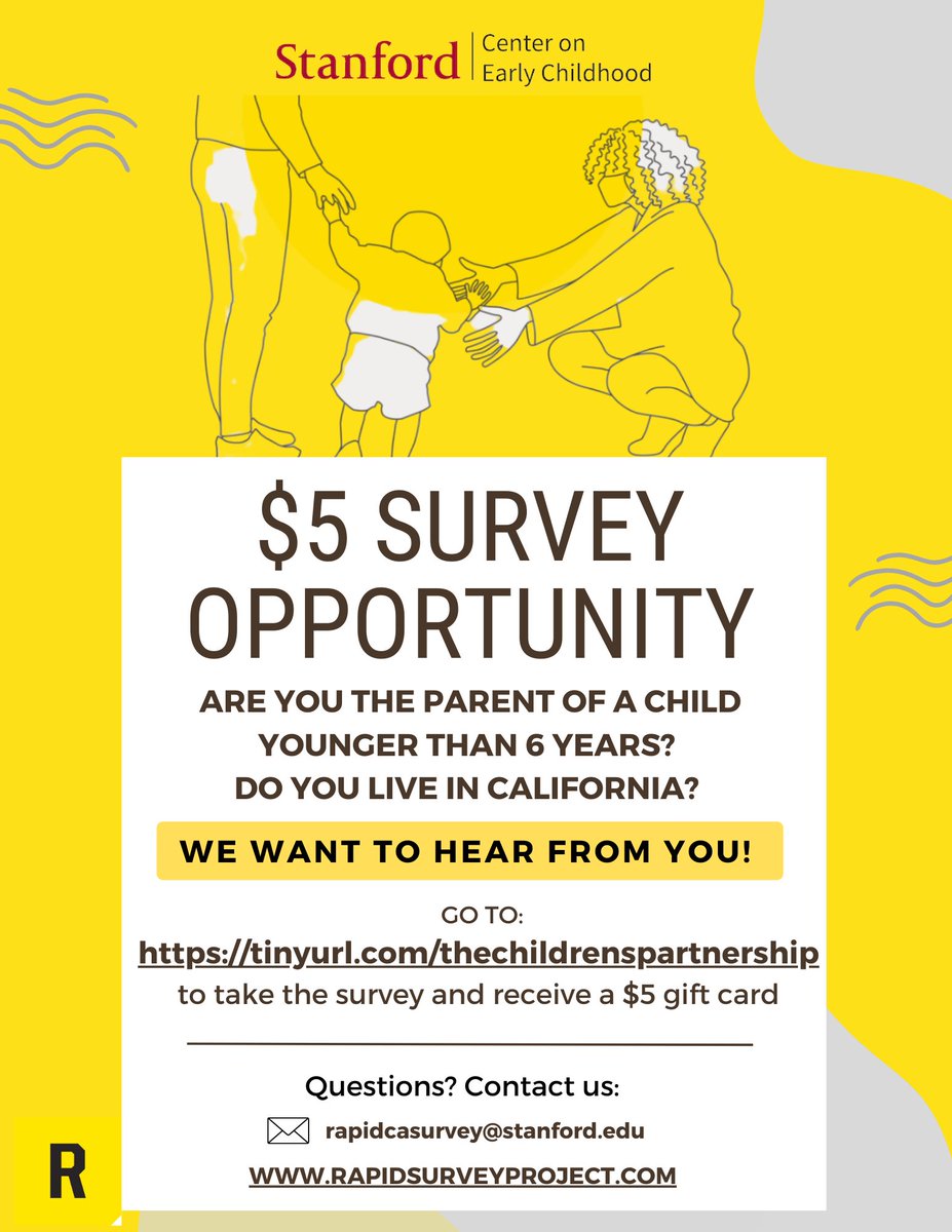 Do you have a child 6 or under? Earn $5 by completing a 15-min online survey! The RAPID Survey Project at @StanfordEd want to better understand the needs and well-being of parents with young children. Survey here Apr 12-26: tinyurl.com/thechildrenspa…… @RapidSurvey