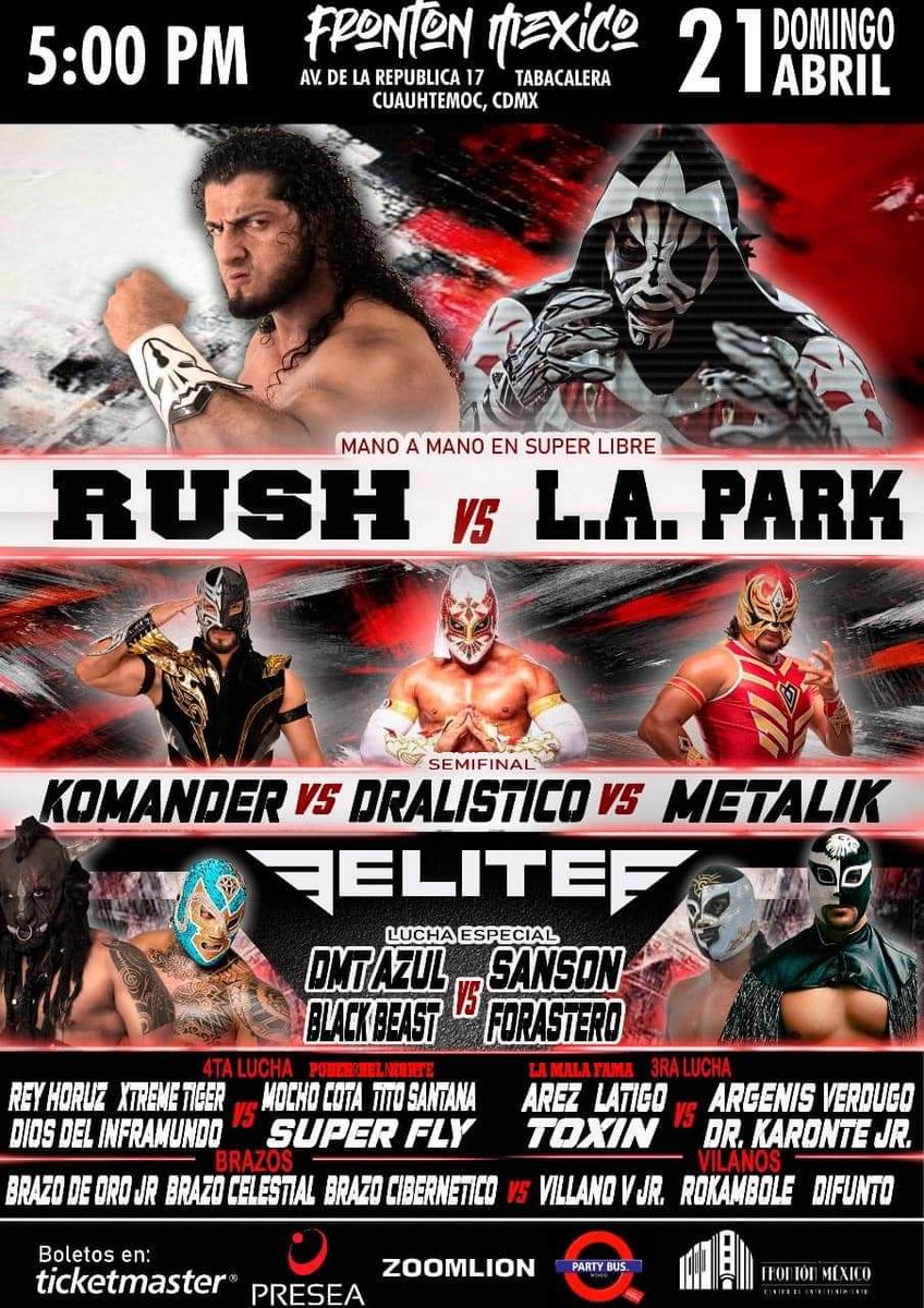 LaTijeraLucha's tweet photo. 🔊 Gran promoción de #LigaElite y Ticketmaster de boletos para su gran función 🔊
#LuchaLibreElite próximo domingo 2️⃣1️⃣ de abril #FrontonMexico:
🔥 El Toro y La Auténtica @rushtoroblanco 🆚 @laparktapia
💣 Triangular Espectacular #Komander 🆚 #Dralistico 🆚 #Metalik
🧨Y más... https://t.co/DIjJ7IF6e6
