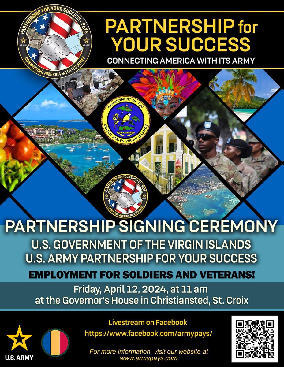 Tomorrow, we're thrilled to partner with the Government of the Virgin Islands for a ceremony creating employment opportunities for Veterans, transitioning Soldiers, Reservists, and Guardsmen in the area! Stay tuned for more updates! 🇻🇮🤝🇺🇸 #PaYSProgram #SoldierForLife