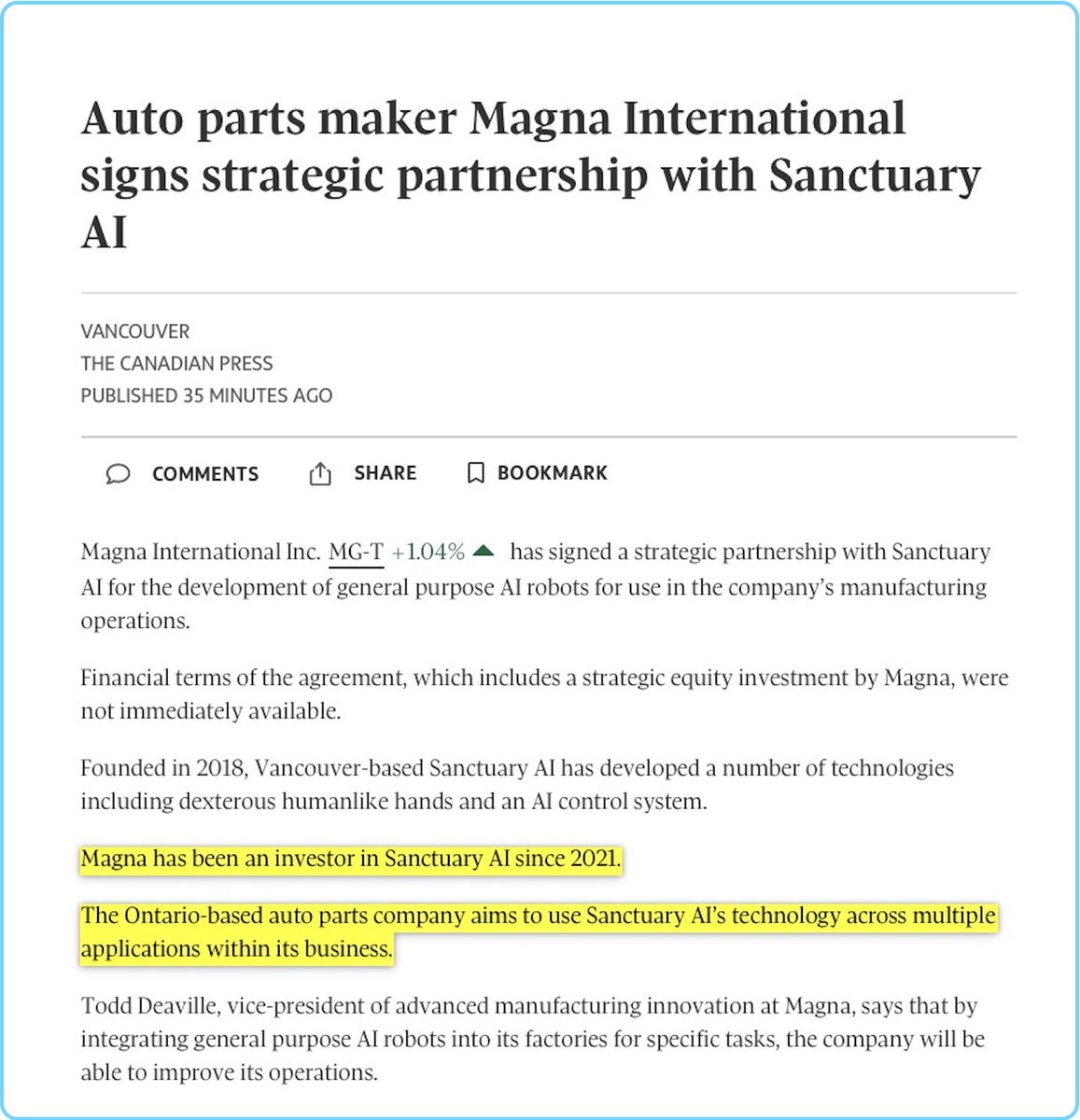 Magna, an investor in Sanctuary AI since 2021, will deploy their robots in factories for a 'multi-disciplinary assessment.'
Sanctuary AI 🤝Magna
AGIBOT 🤝BYD
UBTECH 🤝BYD 
UBTECH 🤝Nio
Figure 🤝BMW
Apptronik 🤝 Mercedes

Optimus team should also... never mind!