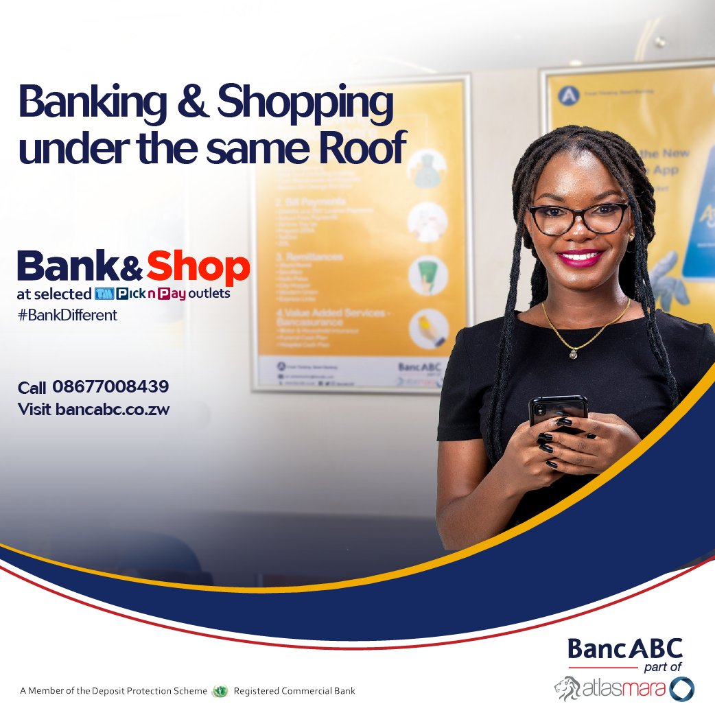 Bank 🏦 & Shop 🛒 under the same roof! Access all @BancabcZW 🏦 services while you shop in selected TM Pick n Pay outlets 🛒 nationwide! 🇿🇼 ✅ Account Opening ✅ Deposits ✅ Withdrawals ✅ Enquiries ✅ International Remittances 🌍 ✅ City Hopper 🌆 & more! #BankDifferent🏦