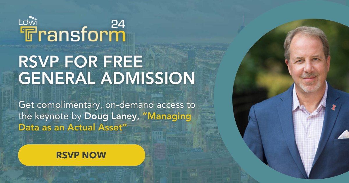 💻 #TDWITransformChicago General Admission is Now Open! RSVP for access to the on-demand #keynote presentation by Douglas Laney: 'Managing Data as an Actual Asset' 🔗 RSVP now: bit.ly/4aSTEKv #coporatedata #datastrategy #datassets #datamanagement