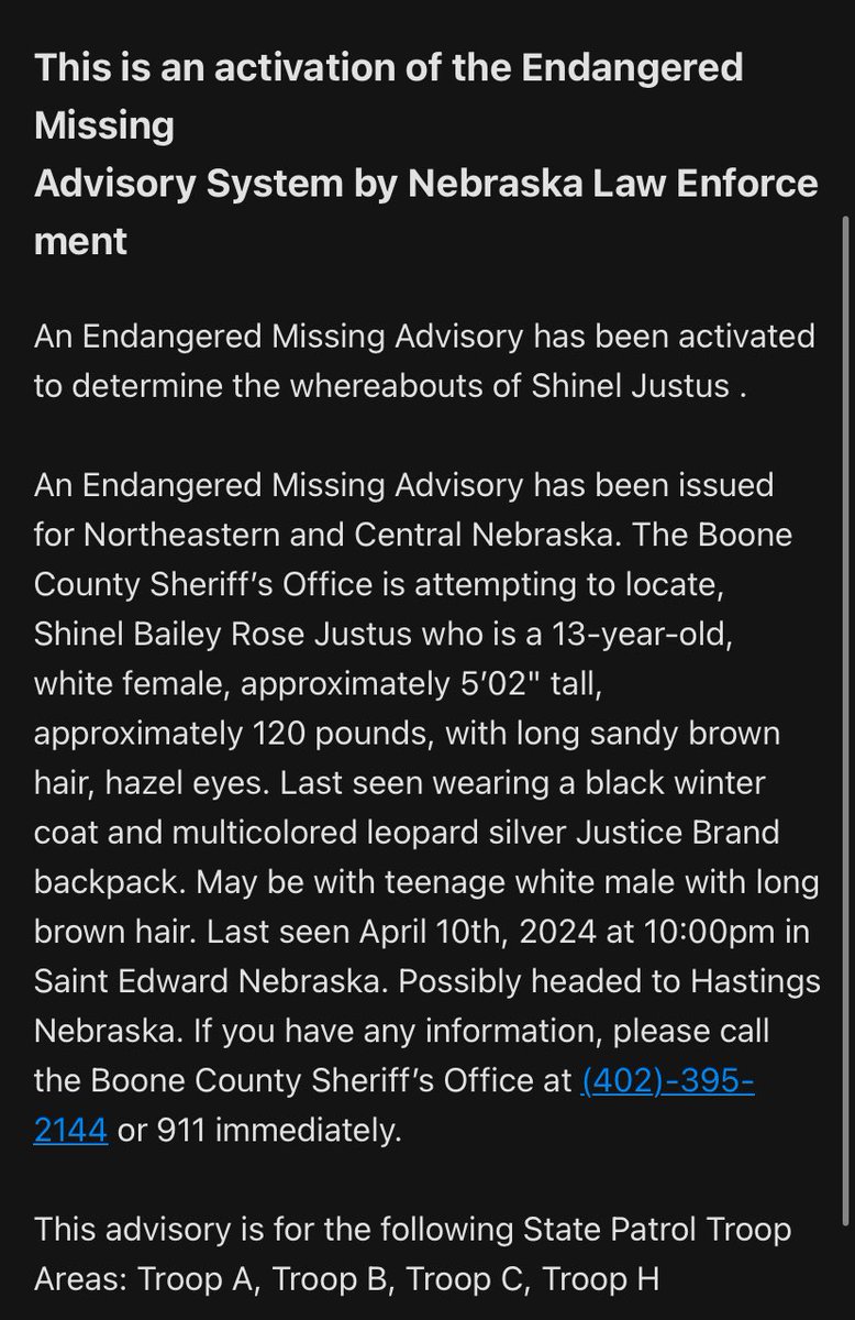 ENDANGERED MISSING ADVISORY: Please Share The Boone County Sheriff’s Office is attempting to locate Shinel Bailey Rose Justus, 13, white female, 5’02' tall, 120 pounds, with long sandy brown hair, hazel eyes. She was last seen wearing a black winter coat and multicolored…