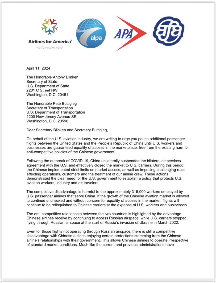 News: @AirlinesDotOrg @ALPAPilots @afa_cwa @AlliedPilots and @RepGallagher @CongressmanRaja all call for Biden administration to pause approvals of additional China flights reuters.com/business/aeros…