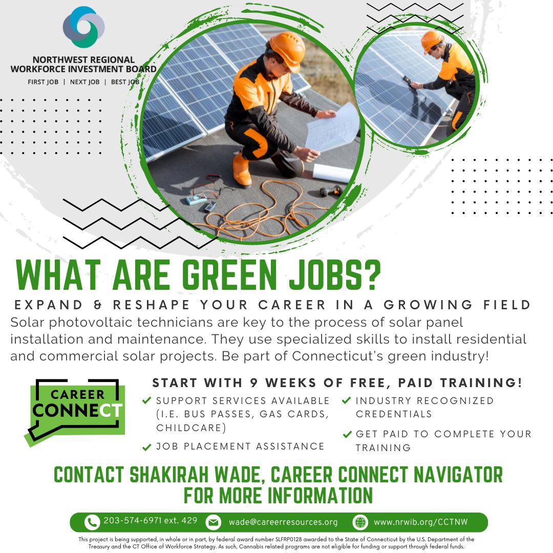 NRWIB's tweet photo. Embrace renewable energy, sustainable design, and environmental conservation with Career ConneCT. Free training in solar panel installation and eco-friendly construction. Turn passion into profession! #GreenJobs #Sustainability #TrainingForChange 🌿✨ https://t.co/TqVoykwA16