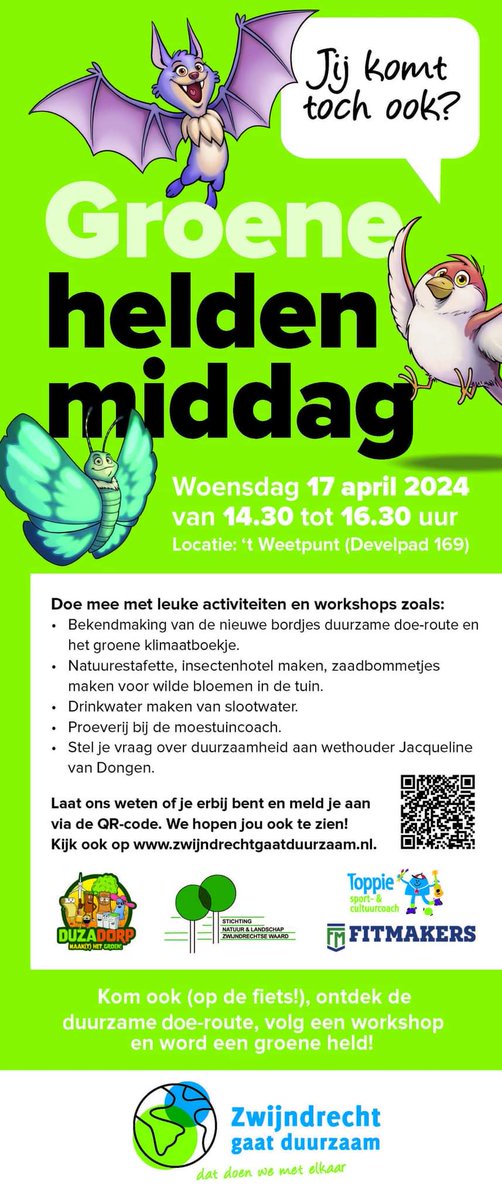 Kom woensdag 17 april naar de Groene Heldenmiddag!
Speciaal voor nieuwsgierige kids die meer willen weten over de mix van natuur, sport en bewegen en duurzaamheid wordt er een superleuke middag georganiseerd in 't Weetpunt!