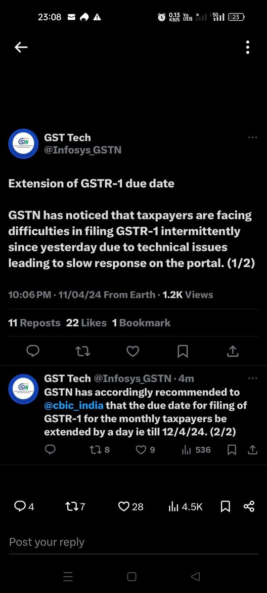 SGGuptaandCo1's tweet photo. Finally happening- GSTR 1 due date extended to 12/4
#cbic #GSTR1 #gstextension #gstnews https://t.co/bucsVczjcY