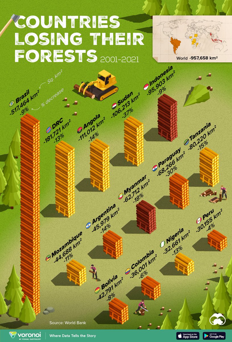 World has lost a third of its forests from human activity yet deniers want you to believe that humans have increased forest cover Ranked: Top Countries by Total Forest Loss Since 2001 visualcapitalist.com/ranked-top-cou…
