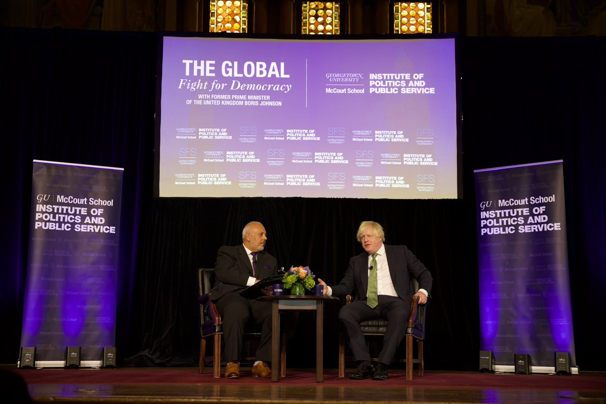 Welcome to the Hilltop, @BorisJohnson! Our students and community from all over the world are eager to hear from the former Prime Minister and @MoElleithee about the state of democracy all over the globe. #PMJohnsonAtGU