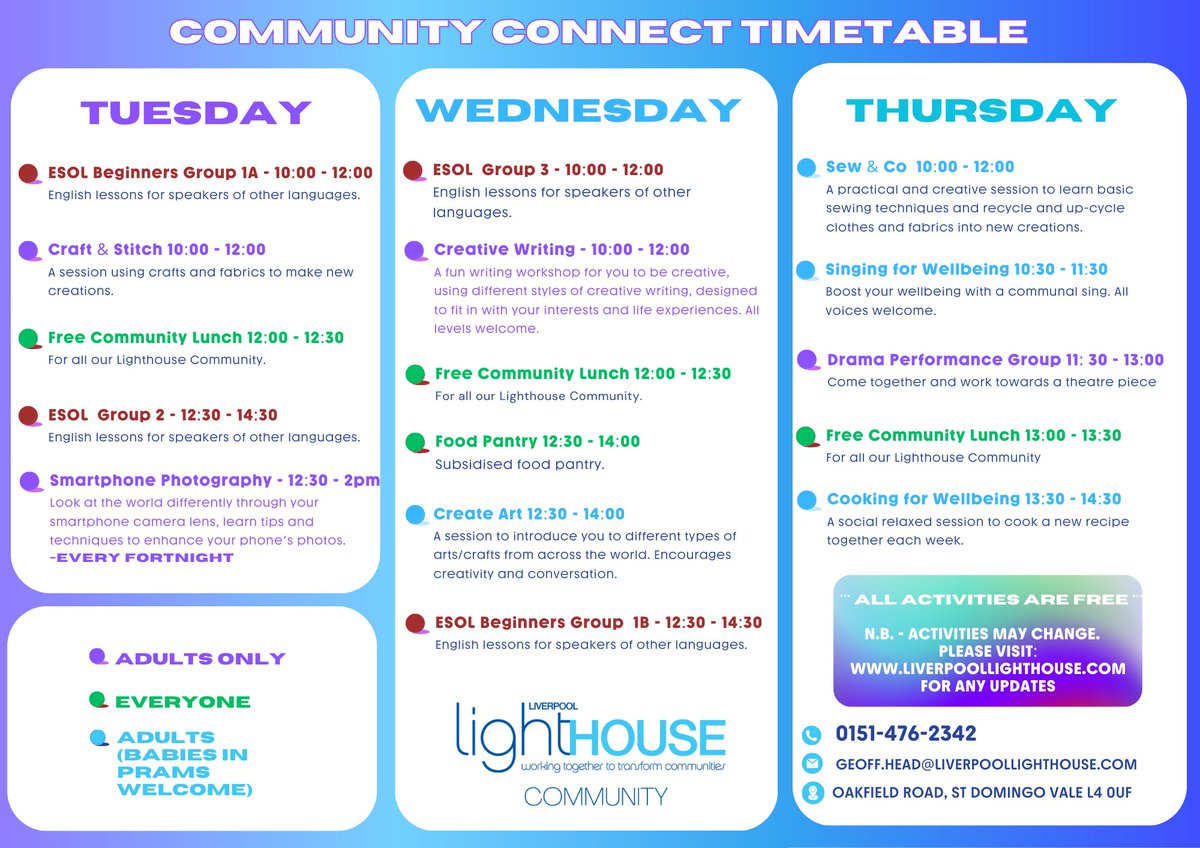 💪✨ COMMUNITY ACTIVITIES @ LIVERPOOL LIGHTHOUSE 💪✨ Just a quick reminder that our usual schedule of community activities will be restarting on Tuesday 16th April! Check out what's on offer ⬇️ and we hope to see you there soon!