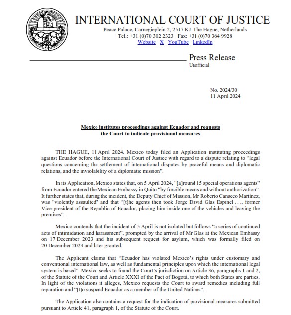 CIJ_ICJ's tweet image. PRESS RELEASE: #Mexico institutes proceedings against #Ecuador and asks the #ICJ to indicate provisional measures bit.ly/4cVReww