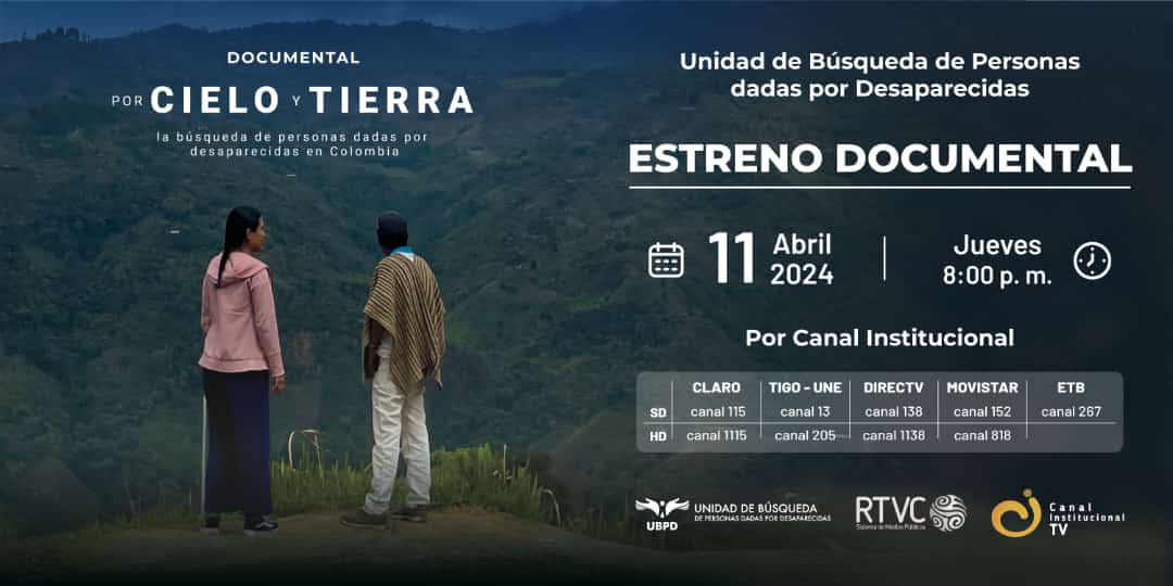 No se pierdan el documental de la @UBPDcolombia 'por Cielo y Tierra' hoy, a las 8 P.M en @RTVCco !

Van a llorar mucho, pero es la historia de nuestro País y hay que conocerla!

#PorCieloYTierra !