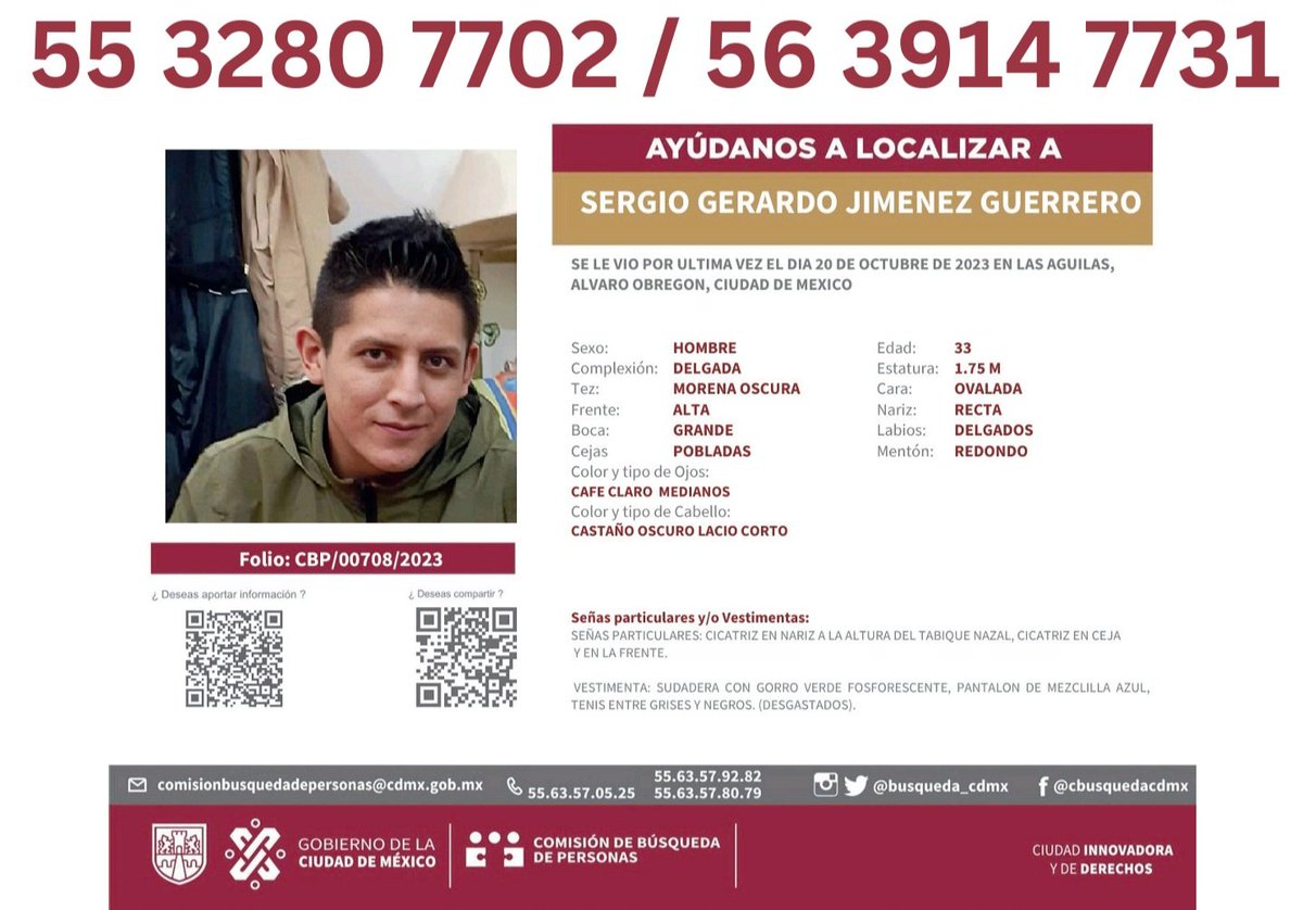 #SoySergioGerardoJiménezGuerrero, desaparecí hace 5 meses en #LasÁguilas @AlcaldiaAO
@CDMX 🇲🇽 Cualquier información ℹ️ sobre mi paradero, no dudes en comunicarte con mi familia 📢🫂#LoHasVisto #HastaEncontrarte #NosFaltaSergio
#NiUnoMás
#NosFaltan357