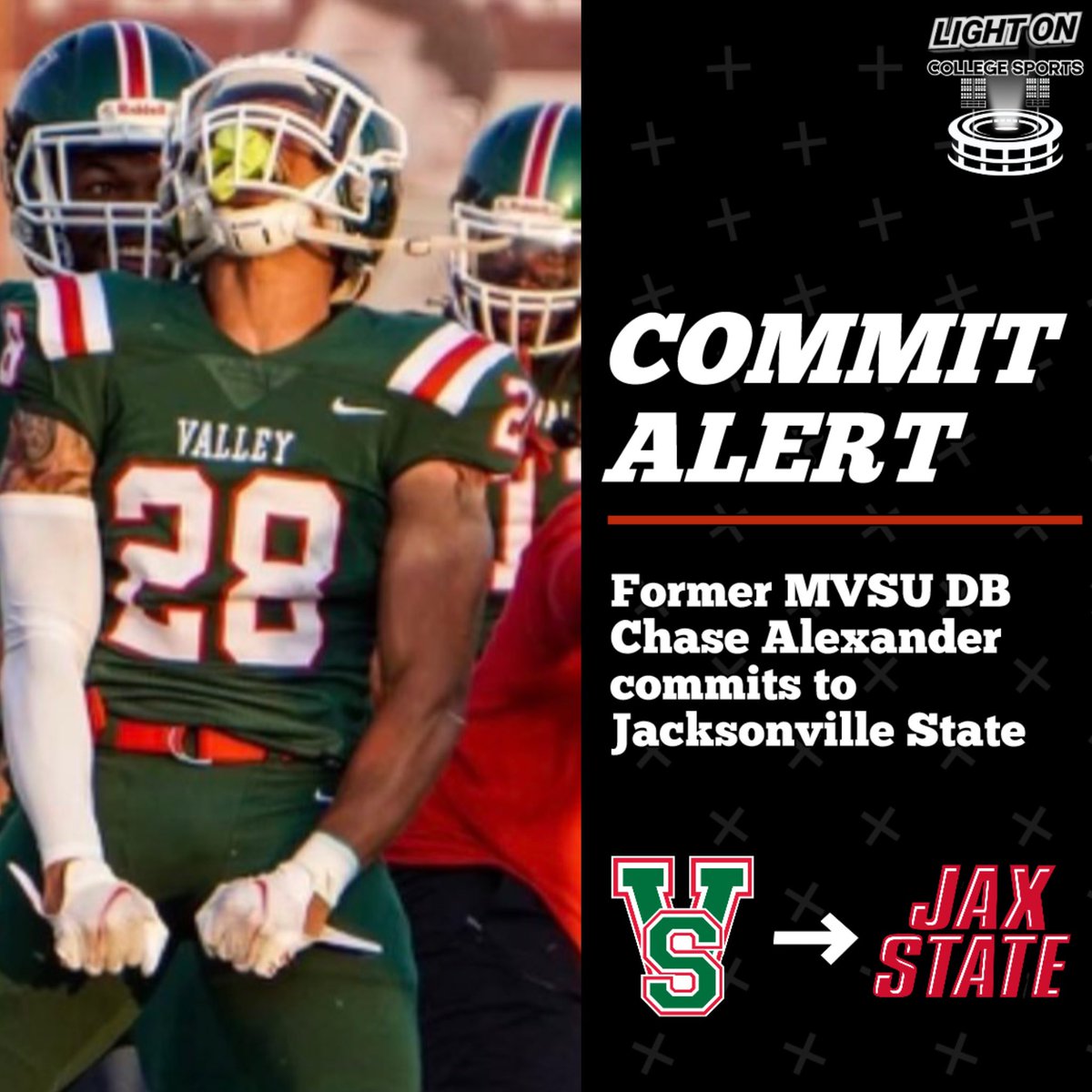 Former Mississippi Valley State DB Chase Alexander has committed to Jacksonville State, per his social media. 🐓 He recorded 39 tackles, 6 tfl, 4 pbus, & 3 sacks during the 2023 season. #EarnSuccess @chaseaacheck