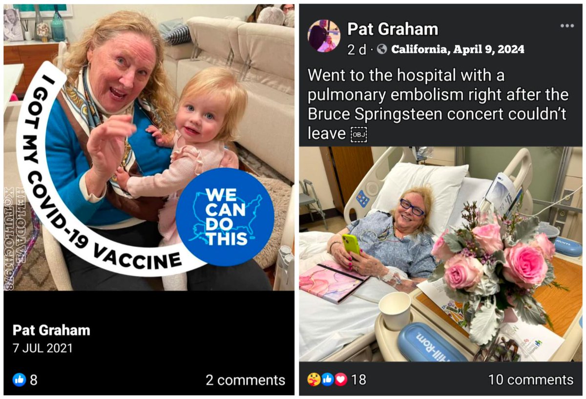 California, Pat Graham.
'I Got My COVID19 Vaccine'

'Went to the hospital with a pulmonary embolism right after the Bruce Springsteen concert.'

#vaccineinjury (April 2024)