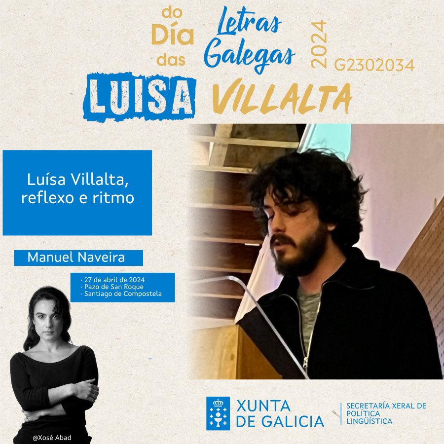 ✅ Xornada do Día das Letras Galegas 👁️‍🗨️Fprofe G2302034 🗓️ 27 de abril 🏚️Salón de actos do Pazo de San Roque - Santiago de Compostela 💪 @SXPL 👀 Manuel Naveira Fuentes ‘Luísa Villalta, reflexo e ritmo’ #DíaDasLetrasGalegas #LuísaVillalta