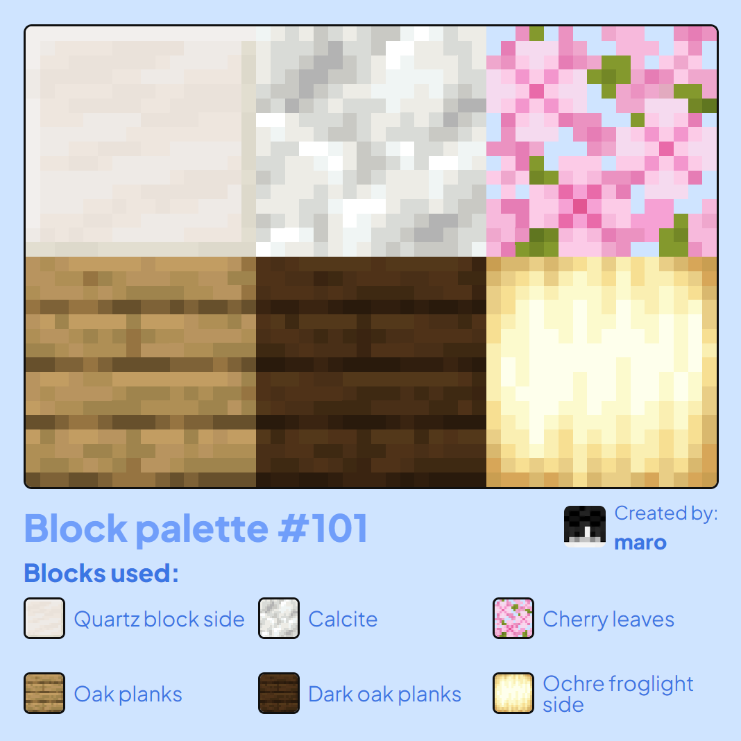 Block palette #101 Blocks used: 🌸 Quartz block 🌸 Oak planks 🌸 Calcite 🌸 ...