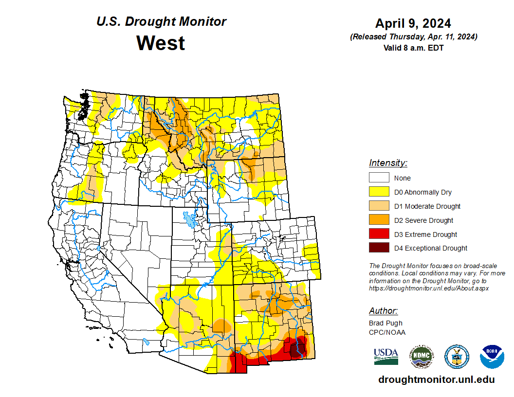 ☔ Widespread precipitation (rain and high-elevation snow) improved conditions in western Idaho and NE Oregon.

❄️ Drought and dryness expanded across north-central and NE Washington for the second week in a row due to low snowpack. bit.ly/USDM040924 #DroughtMonitor