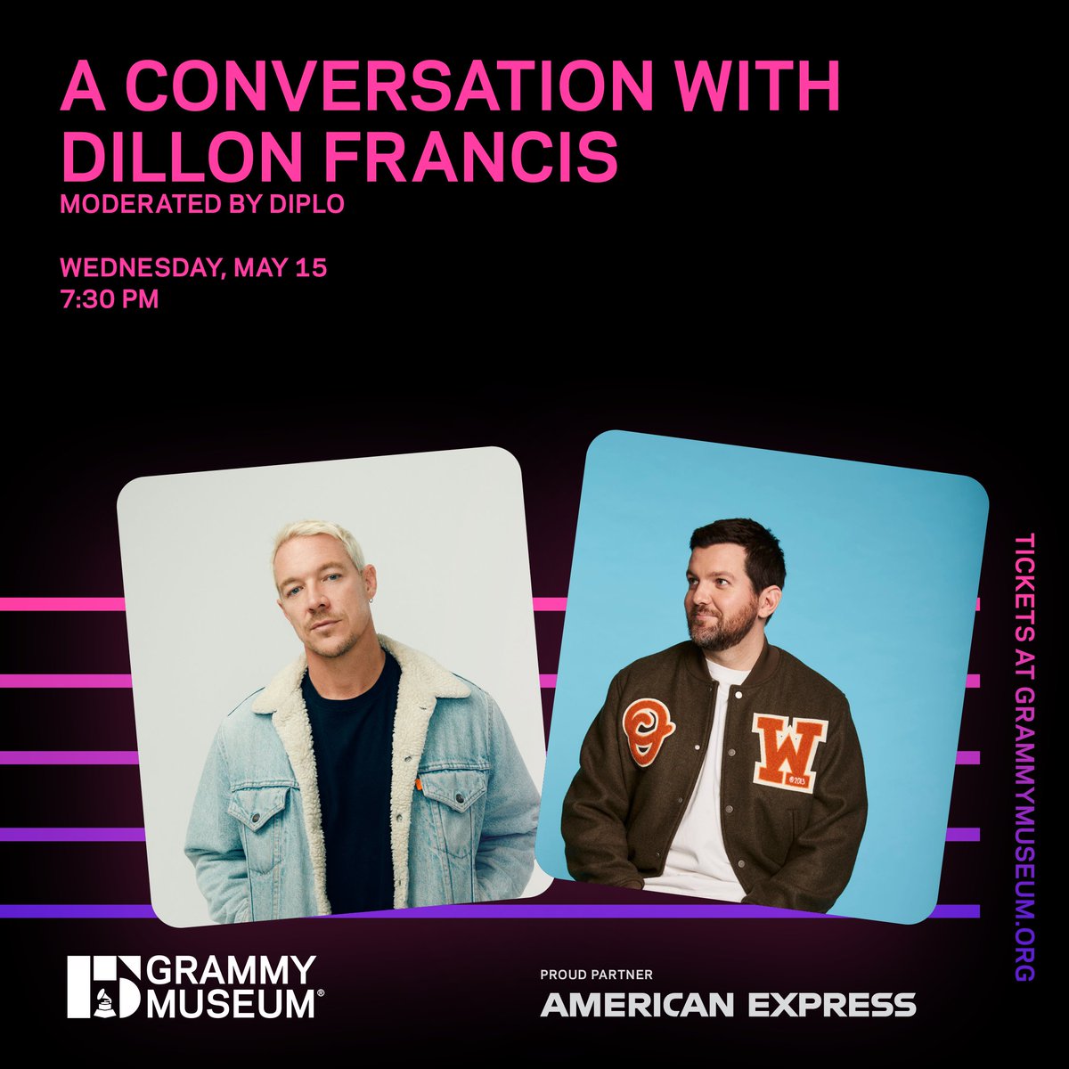 Move it to the #GRAMMYMuseum for a night with @DillonFrancis! 💫 Don't miss his conversation with moderator @Diplo to celebrate the 10-year anniversary of Dillon's hit track 'Get Low.' Get #AmexPresale tickets (#withAmex terms apply): grm.my/4aQNSsV