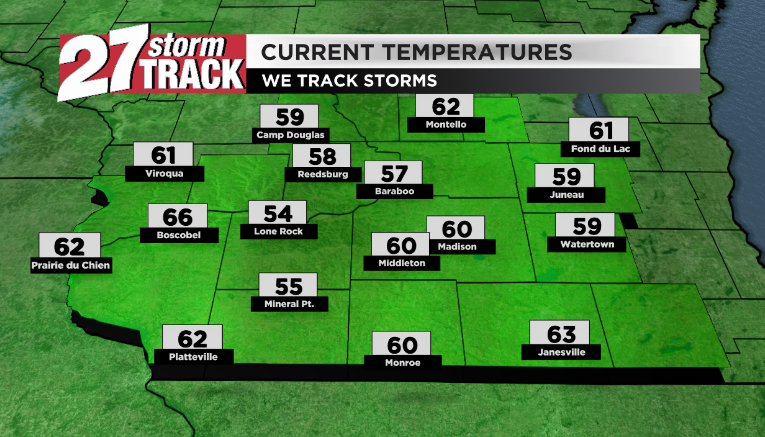 Rain is keeping a few folks a little cooler this afternoon, mainly around the Mineral Point and Lone Rock area. Everyone else, despite the clouds, is hanging out in the upper 50s to low 60s. #wiwx