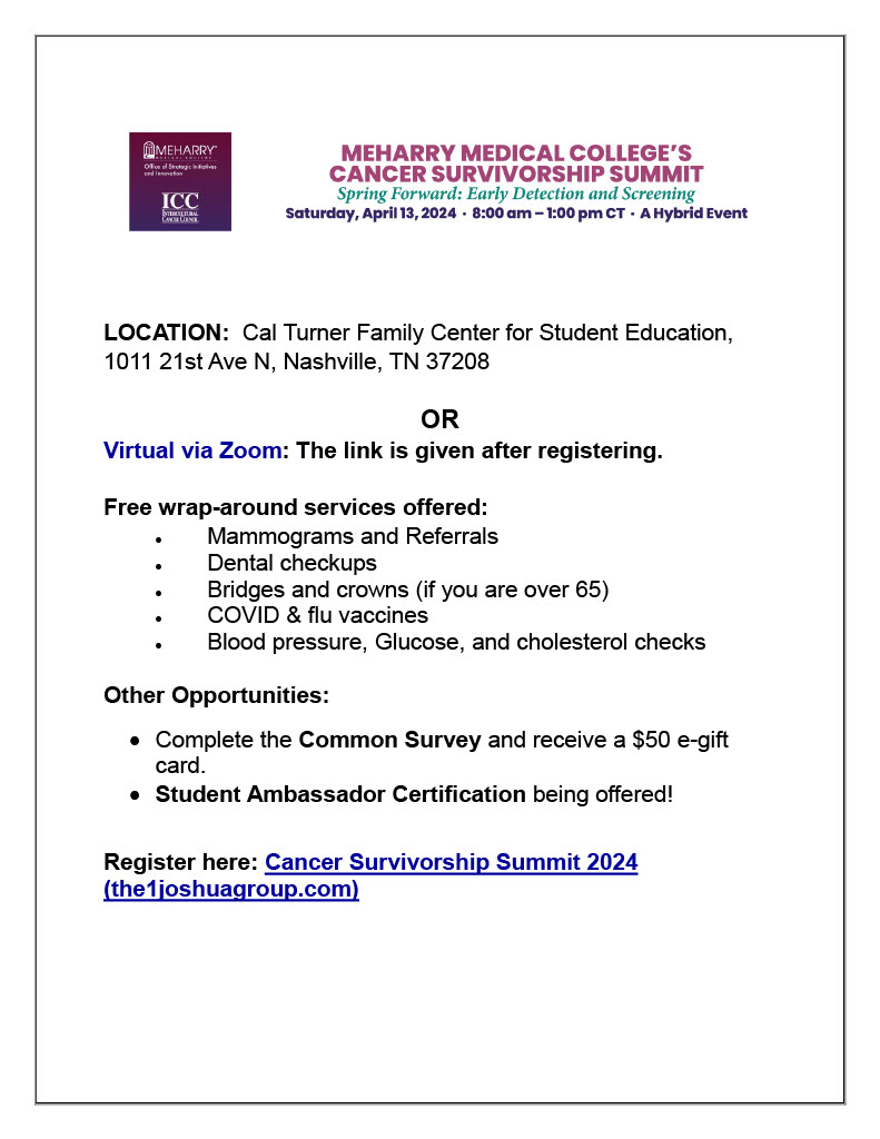 🎉 Join us this Saturday for Meharry Medical College's Cancer Survivorship Summit on April 13, from 8am to 1pm. Register here: bit.ly/43XrCvf 🎗️ @VUMChealth @VUMC_Insights @DrWinkfield @TSU_COHS @MeharryMedical @MeharryGlobal @MeharrySOGS @SoMMeharry