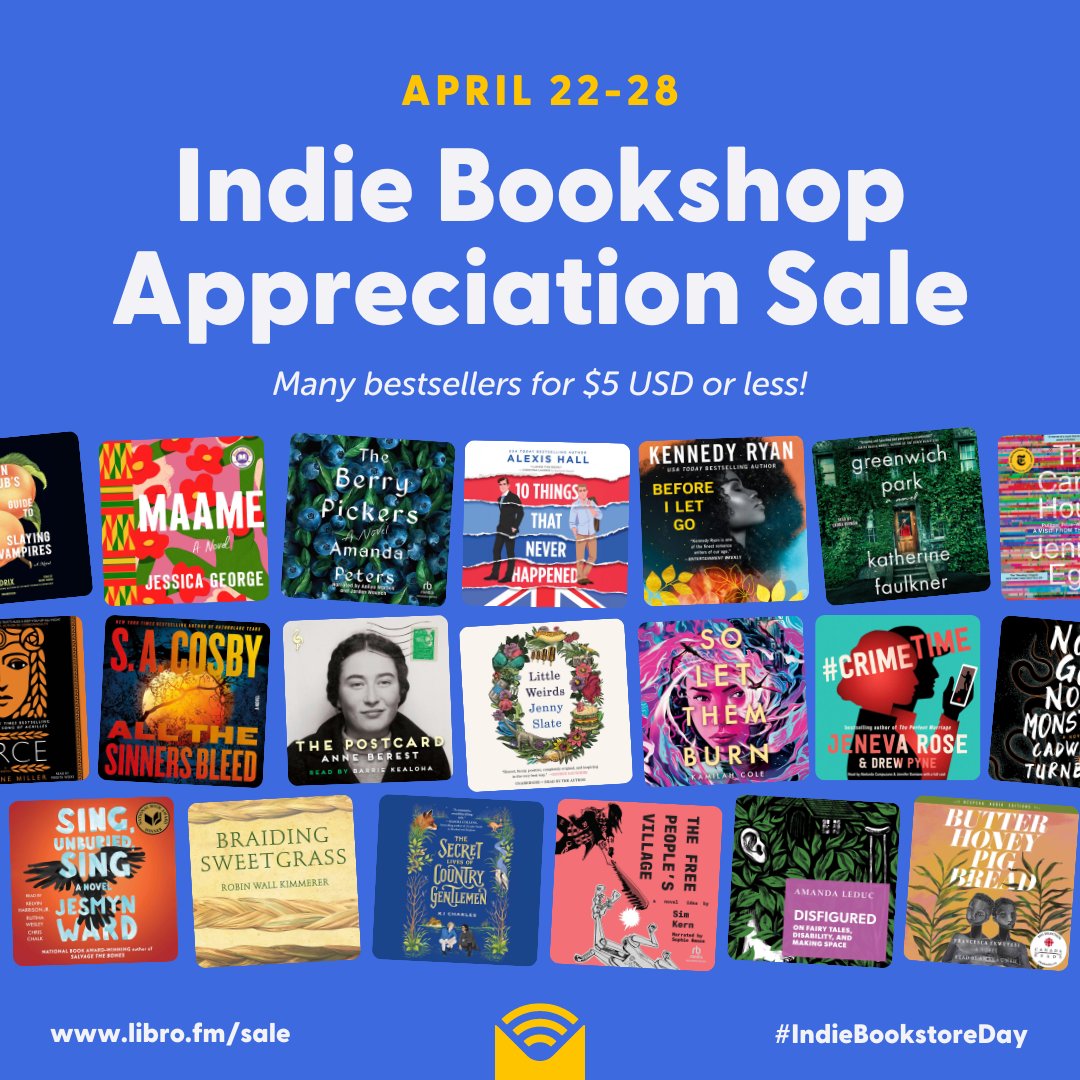 Our Indie Bookshop Appreciation Sale starts now! 🏃🏻‍♀️ Head to the link to start shopping, with plenty of bestselling audiobooks for $5 USD or less! libro.fm/sale #IndieBookstoreDay