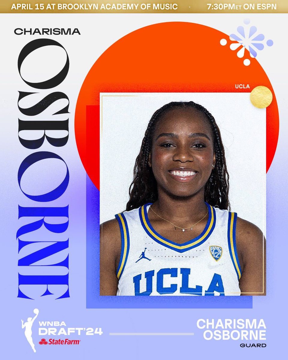 Next Stop. Brooklyn, NY. A 5'9 guard from @UCLAWBB, @CharismaOsborne is heading to BAM for the 2024 WNBA Draft presented by @StateFarm! Tune in on April 15th at 7:30pm/ET to see where she lands 👀