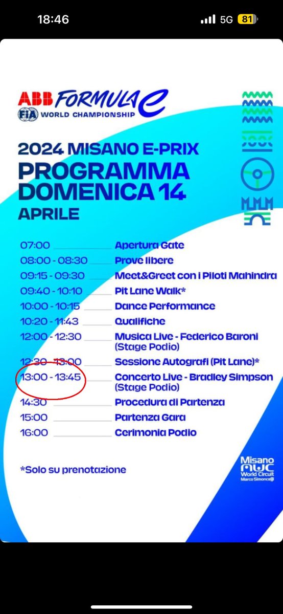 Brad will be playing a 45 minute set at the Misano E-Prix on the Stage Podio from 13:00-13:45pm