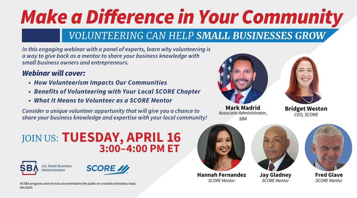 Next week: Join SBA and @SCOREMentors for a webinar on Tuesday, April 16 at 3pm ET and learn how volunteer mentors help small businesses across America start and grow. 

Register now: zoomgov.com/webinar/regist…

#NationalVolunteerMonth