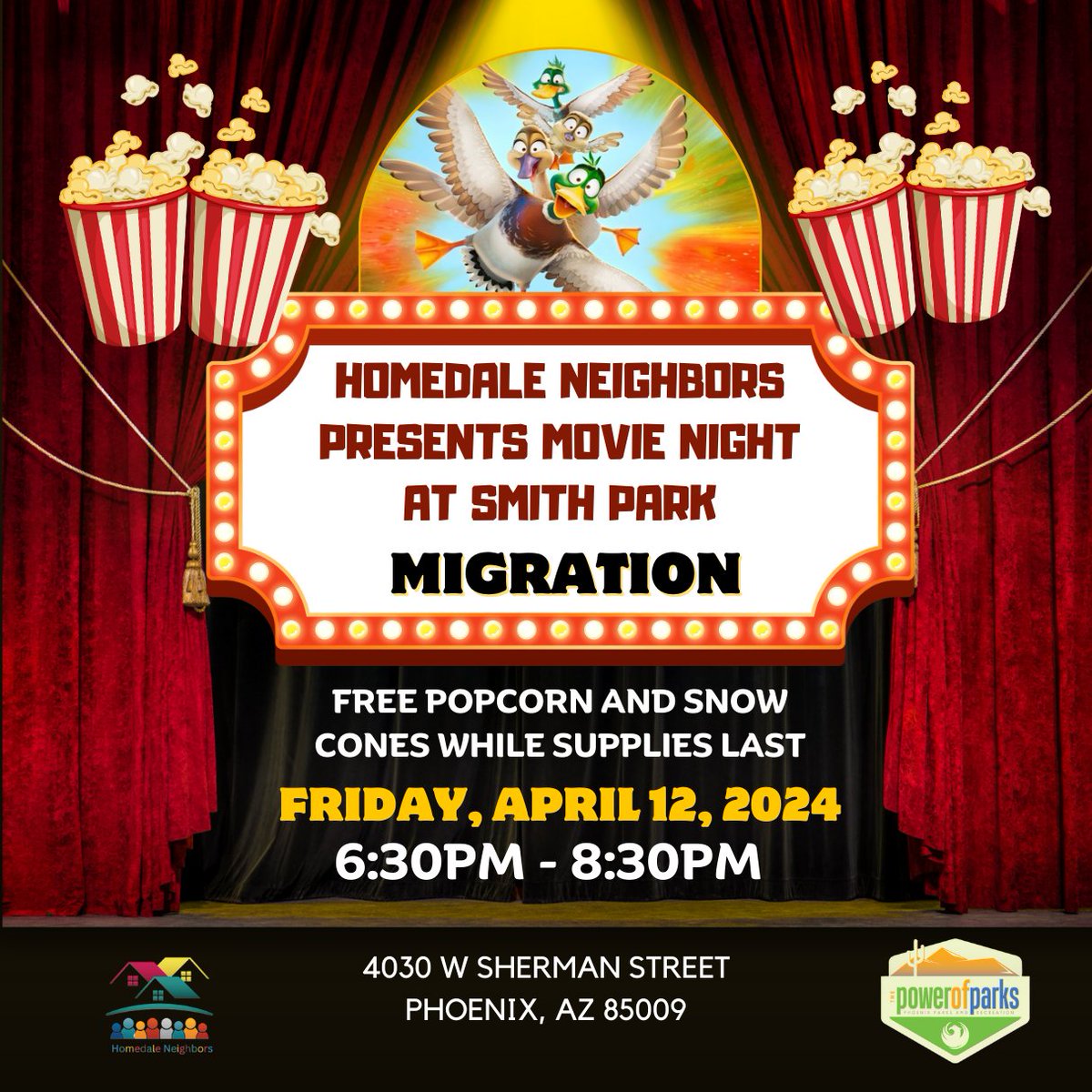 🍿 Popping up some fun! Join us for movie night at Smith Park TOMORROW, April 12th, for a screening of MIGRATION. Free popcorn and snow cones! 🍿🍧 🎬 🎉 📍 Smith Park, 4030 W Sherman Street ⏰ Friday, April 12th, 6:30PM - 8:30PM #phxparks #phxplays