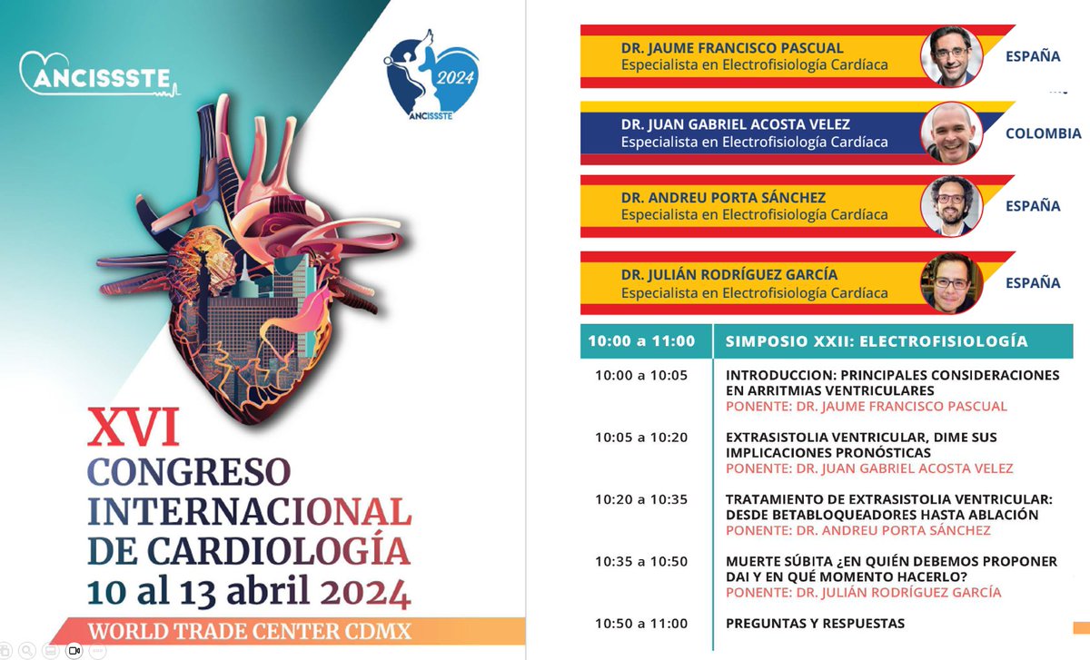 Nos vemos mañana en esta interesante sesión de arritmias ventriculares en el congreso @AncisssteMx (Méjico). Un honor compartir mesa con estos ponentes de tanta calidad, y buenos amigos! @aportasanchez @GAcostamd @J_Rodriguez_EP #CardioTwitter #EPeeps #Cardiology