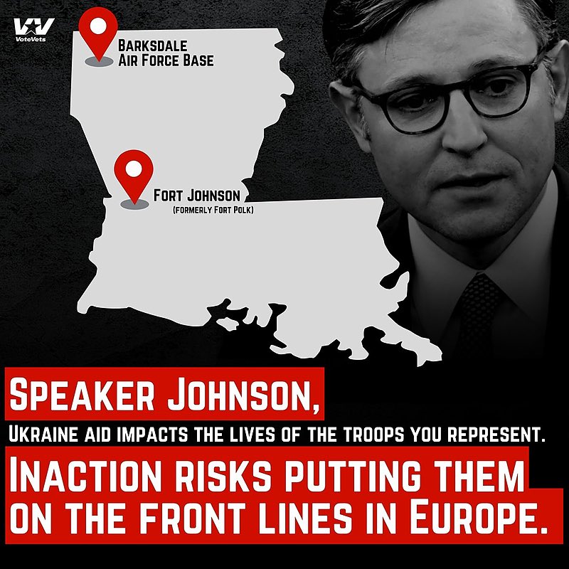 SpeakerJohnson's own district is home to 2 military bases, making the Ukraine aid decision deeply personal. Inaction risks sending these troops into a European conflict. #PassUkraineAidNOW #DemCast #DemsUnited