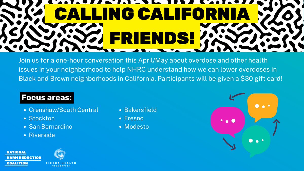 🧵Calling CA BIPOC (Black, Indigenous, People of Color) friends! We're seeking BIPOC adults (21+) living in several cities to join us for focus group sessions to discuss overdose & other health issues & needs in your area this April/May. bit.ly/CAFocusGroupSc…