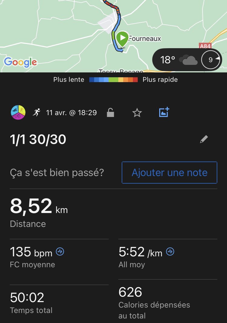 Séance fractionnée: 15’ échauffement + 6*1’/1’ + 6*30’´/30’´ + 15’ recup…ça décrasse les poumons!!💪 #garminconnect #RuizClub #Strava