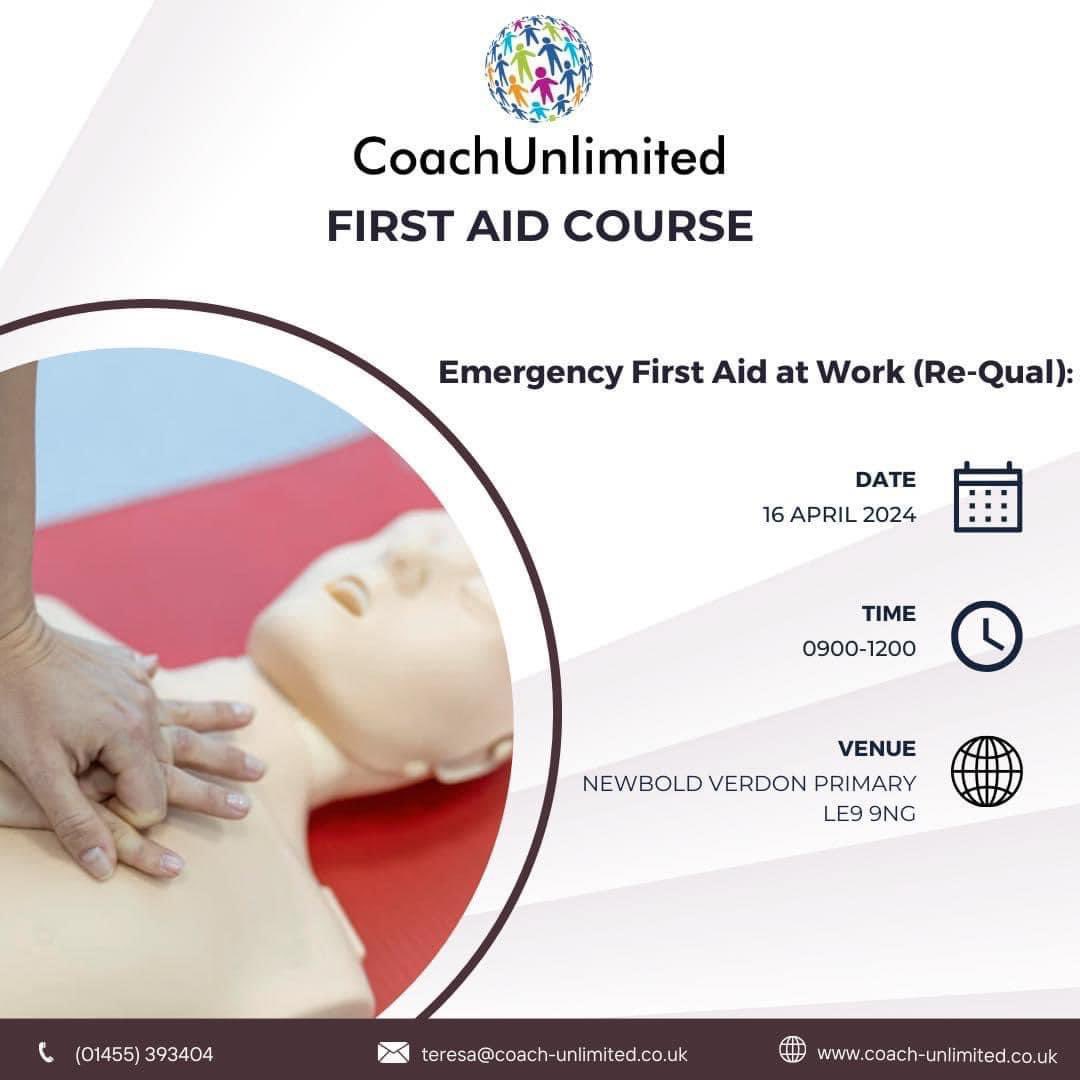 ⛑️ EMERGENCY FIRST AID COURSE RE-QUAL⛑️ 

❗️This is open to anyone (not just teachers)
❗️Revelant qualification for all walks of life

⛑️Course: Emergency First Aid at work re-qualification (3 hours)
📅Date: Tuesday 16th April
🏫Venue: Newbold Verdon Primary SchoolLE9 9NG.
🕘9-12