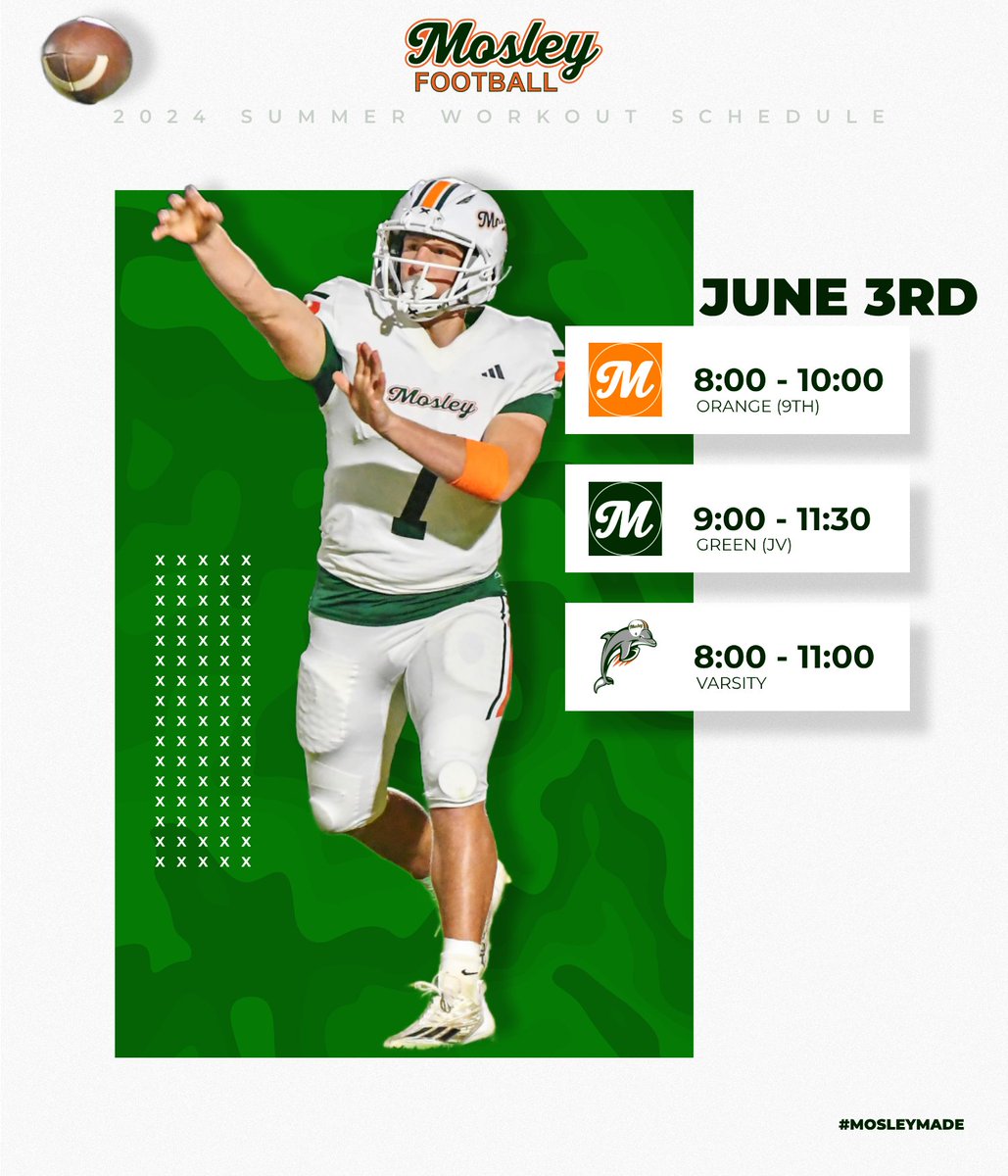 Summer workouts will be here before you know it, and here are our start times and date. Please click the calendar link below for your summer planning purposes. mosleyfootball.com/calendar/month…