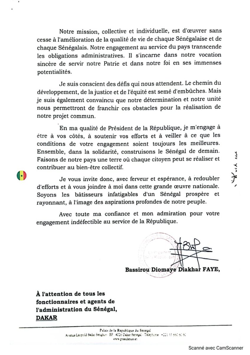 #Senegal - Le président Bassirou Diomaye Faye envoie une lettre à tous les fonctionnaires et agents de l'administration du Sénégal ou il les invite, entre autres, à incarner le 'Jub, Jubal, Jubanti'.