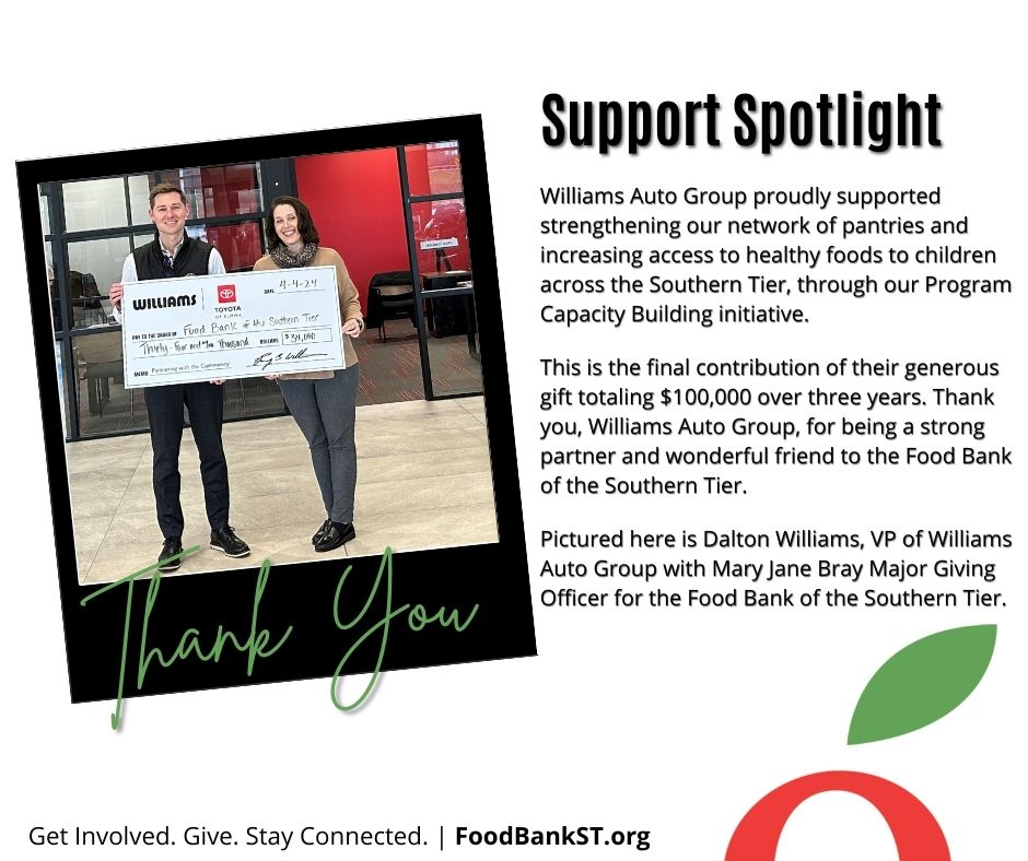 Thank you @WilliamsAutoPA for proudly supporting our network of pantries and access to healthy foods to children across the Southern Tier. #thankyou #support #healthyfoods