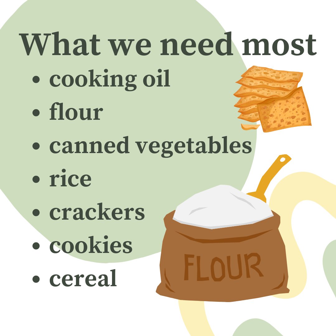 BarrhavenFood's tweet photo. Some of our most needed items include: oil, flour, canned vegetables, crackers, school snacks, cookies, and cereal. #NeighboursHelpingNeighbours https://t.co/vd8gxDrwRg