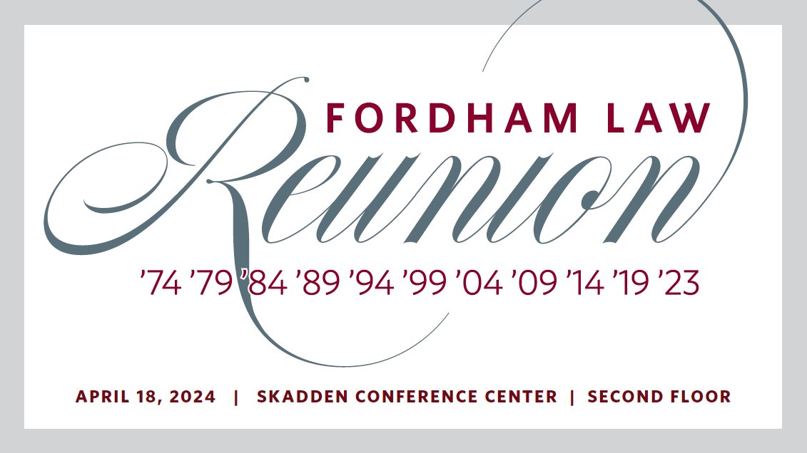 The 2024 Fordham Law Alumni Reunion is one week away! Graduates from classes ending in 9 or 4 are invited to join us at the Law School on Thursday, April 18 starting at 6:30PM. Reconnect with old friends and professors, while enjoying a festive night out. bit.ly/3PYnAwQ