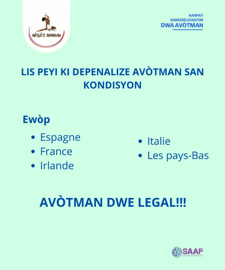 Neges_Mawon's tweet photo. KANPAY SANSIBILAZASYON POU DWA AVÒTMAN
Lis peyi ki depenalize avòtman san kondisyon.
Tout sa w dwe konnen.⤵️⤵️
AVÒTMAN DWE LEGAL!!!
#kòm #AvòtmandweLegal #chwam #kanpaysansibilizasyondwaAVÒTMAN #prochoice #prochoix #Abortion #dwafanm https://t.co/iJyNRw7ee5