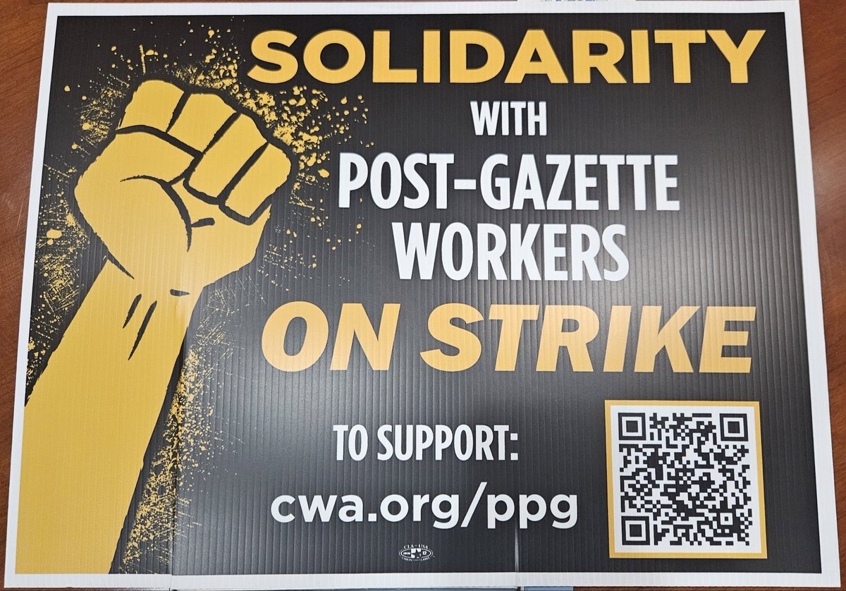 AlleghenyLabor's tweet photo. Make no mistake — this remains an active strike against the Post Gazette. Our brothers and sisters from @CWAUnion and the @PGHGuild are still on the picket line fighting for what they deserve, and the Post Gazette is still refusing to do the right thing.

The strike goes on. https://t.co/G10CufdEKe