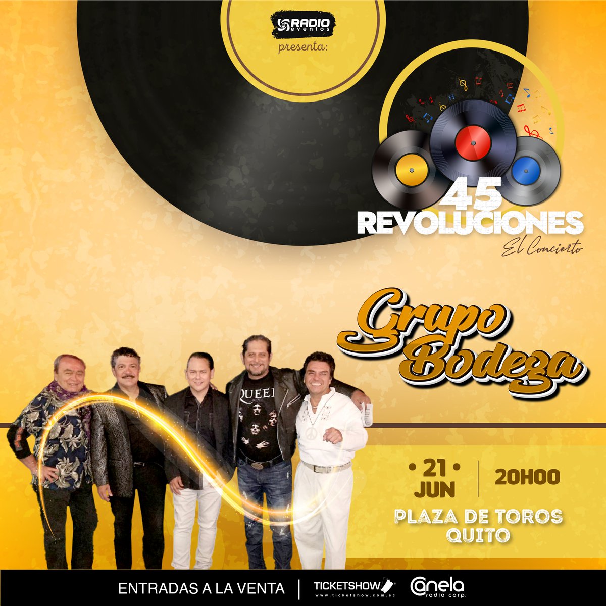 📀¡45 REVOLUCIONES! 📀 Buddy Richard, Tormenta, Grupo Boddega, Pablo Noboa, Franklin Villegas y su Grupo K 🎶 🗓️ Viernes 21 de junio ⏰ 20H00 🏟️ Plaza de Toros, Quito 🎟️ General $25 | Preferencia $35 |Box $46 | (más servicio de tarjeta) Entradas a la venta en:…