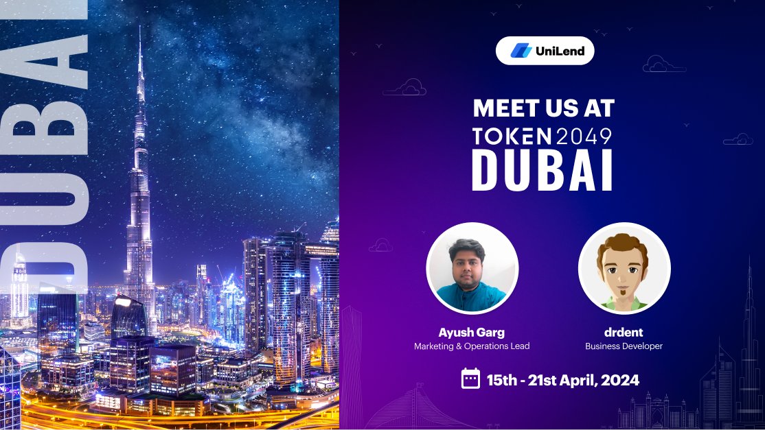 1/ UniLend would be at @token2049, a premier crypto event!

Connect with @storyofayush & @20Drdent to explore how UniLend is making every digital asset productive and moving towards mass adoption!

Date: 15th - 21st April
 
Stay connected @UniLend_Finance

#UniLend #Dubai