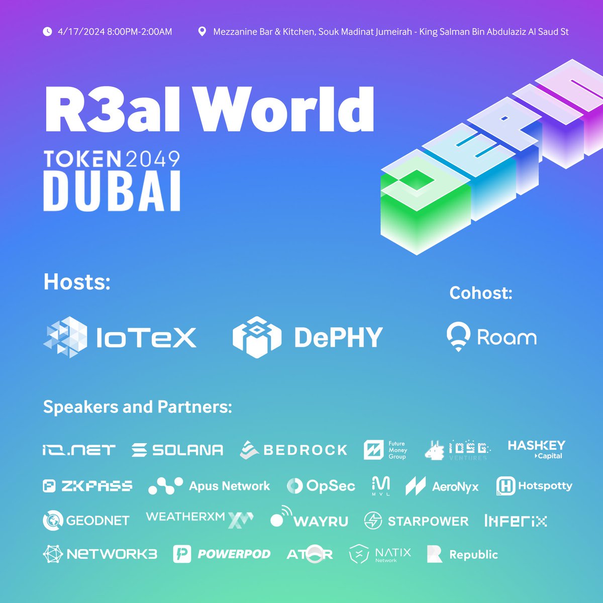 🚀Exciting news!🚀 

🌐 Roam is thrilled to co-host R3AL WORLD Dubai at #TOKEN2049 on April 17th along with <a href="/iotex_io/">IoTeX</a> &amp; <a href="/dephynetwork/">DePHY</a>. 

Don't miss this opportunity to connect with global leaders in DePIN and explore the future of decentralized connectivity. 

Register now:
